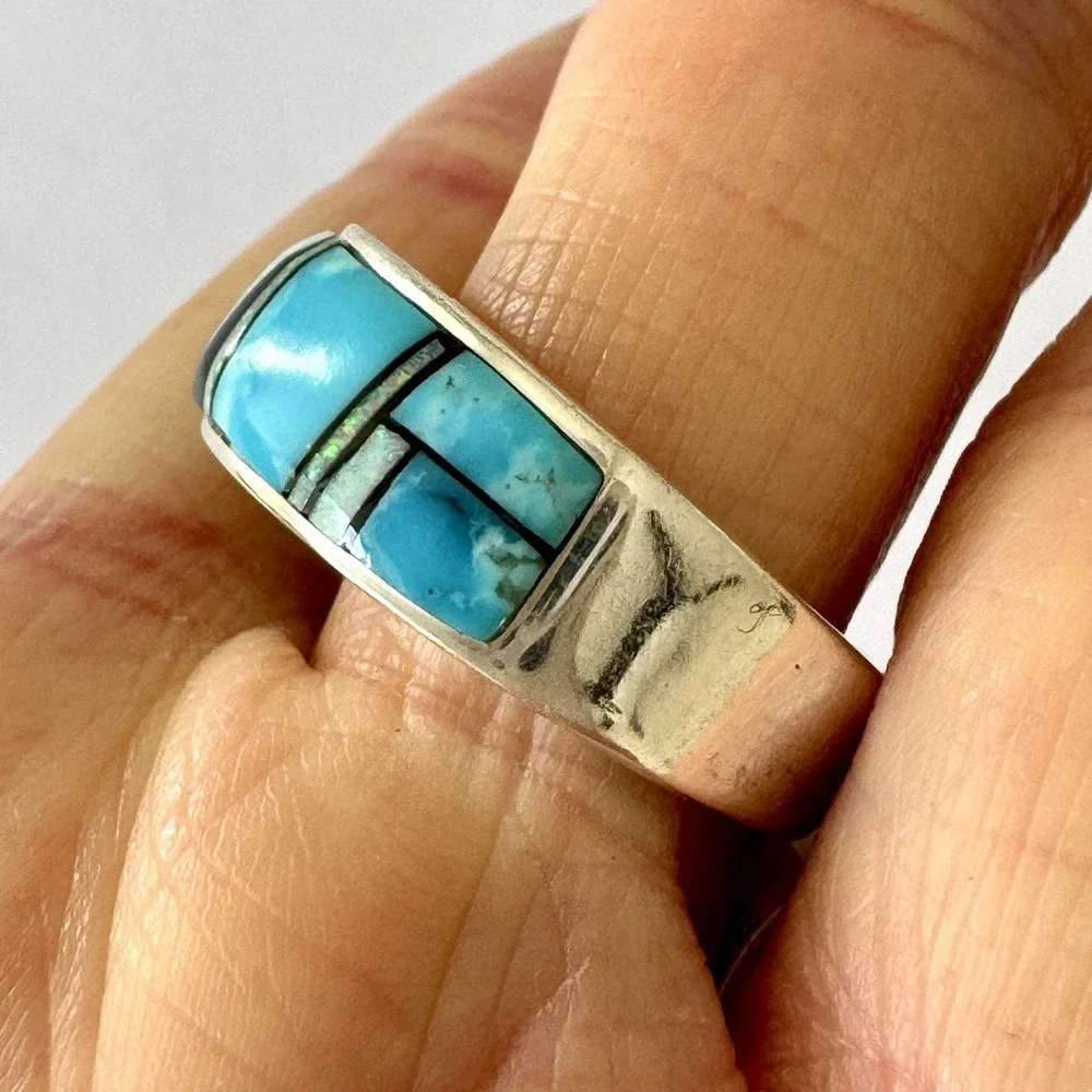 Mens Navajo Wedding Band Sz 10.25‎ Turquoise Opal Inlay 9mm Ring Unsigned Tolino